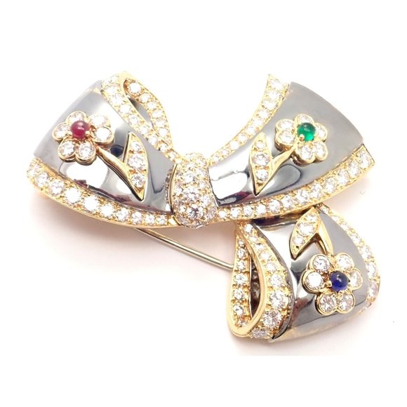 Rare Van Cleef & Arpels 18k Gold Diamond Ruby Emerald Sapphire Flower Pin Brooch - Picture 6 of 11